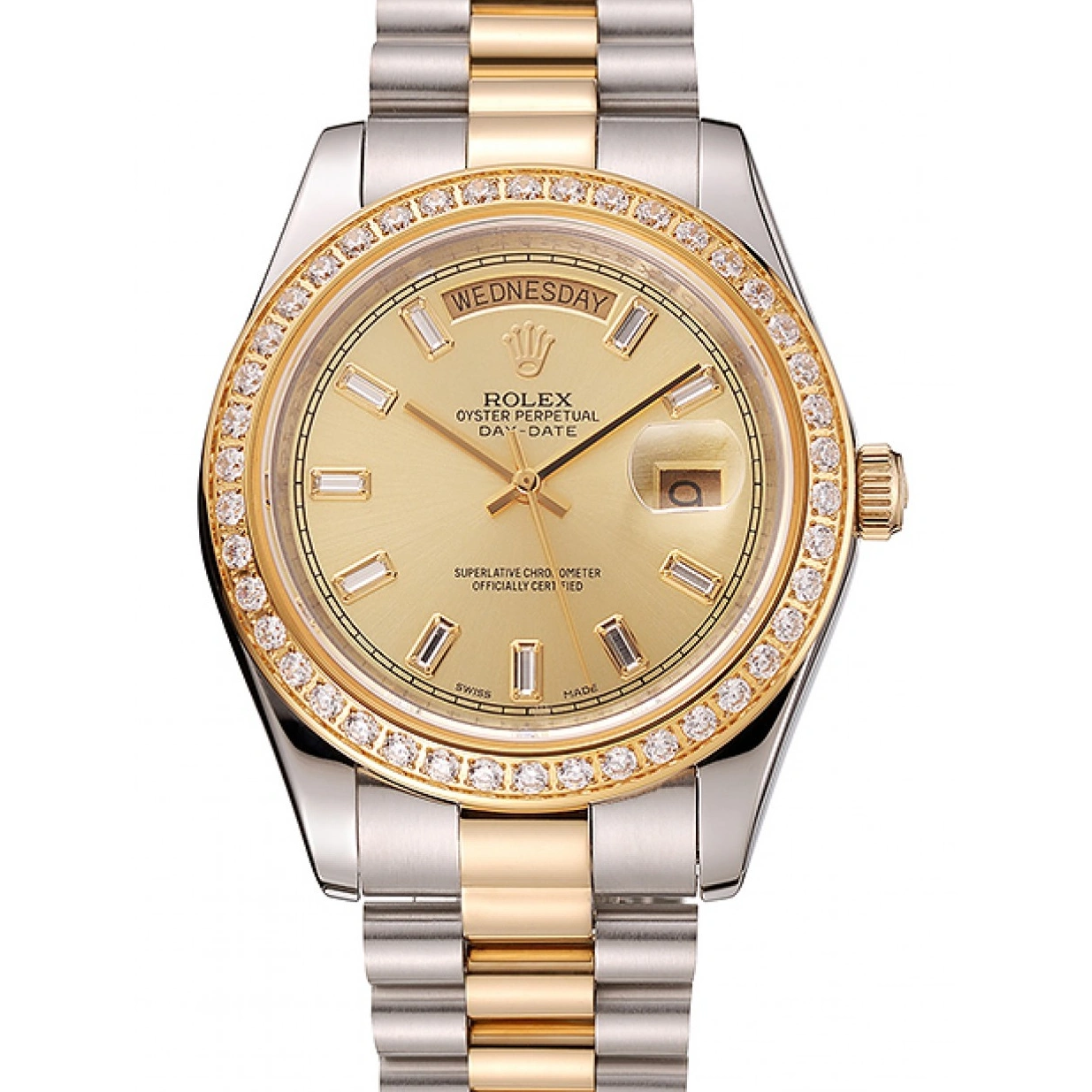 RepTime Watches 0215 Swiss Rolex Day-Date Champagne Dial Diamond Bezel Two Tone Bracelet 1454103