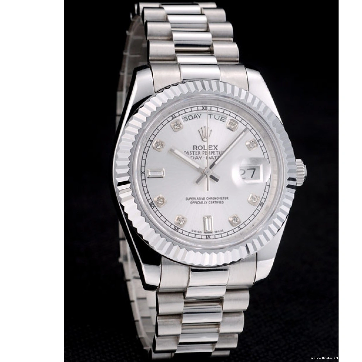 RepTime Watches 0222 Rolex DayDate Stainless Steel Ribbed Bezel Silver Dial 41976