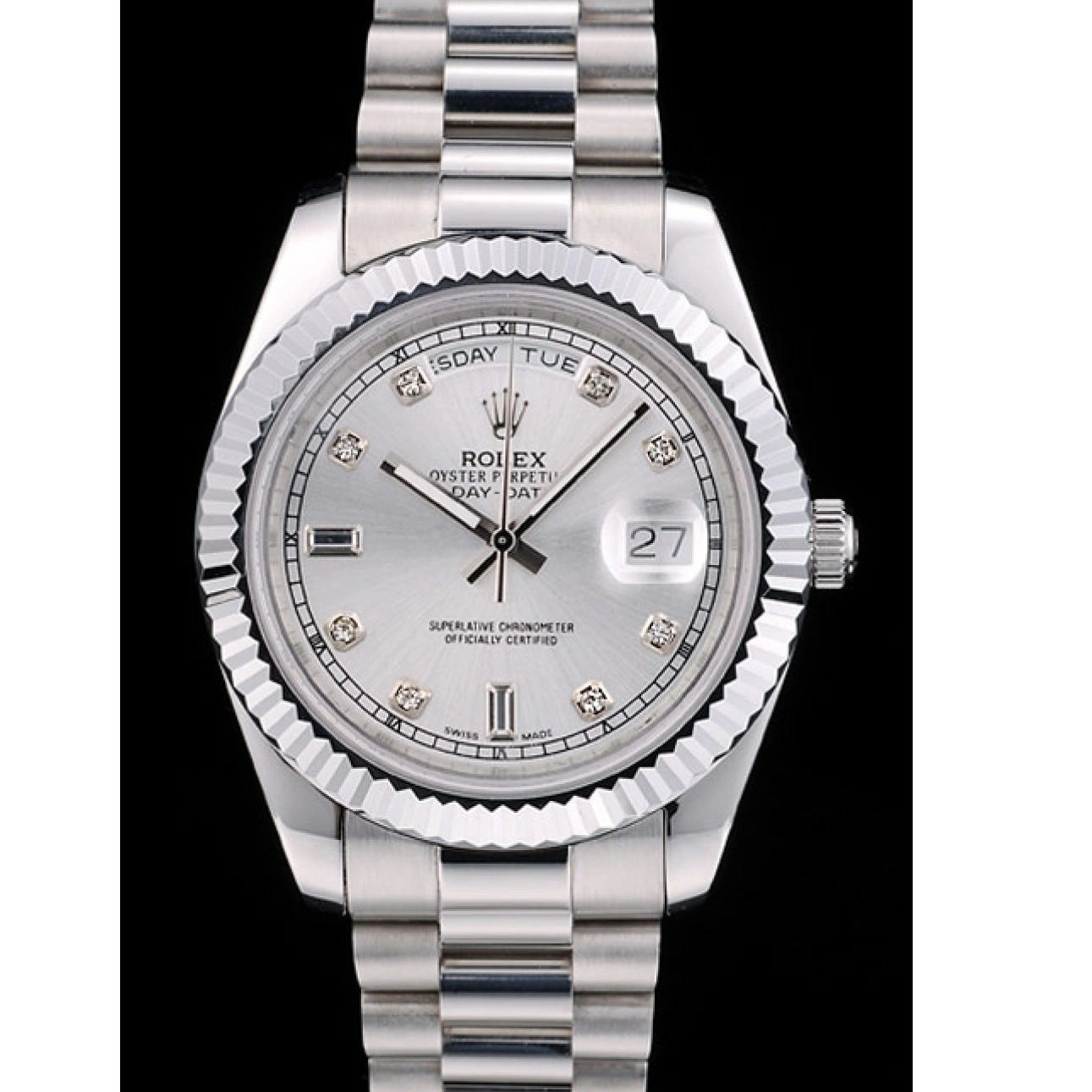 RepTime Watches 0211 Rolex Swiss DayDate Stainless Steel Ribbed Bezel Silver Dial 41995