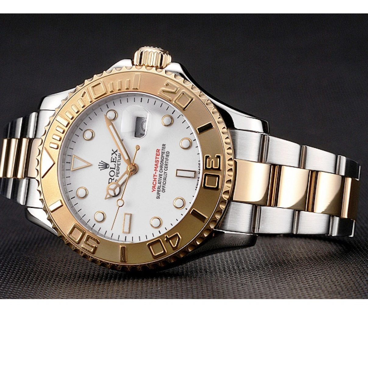 RepTime Watches 0219 Rolex Yacht-Master White Dial Gold Bezel Stainless Steel Case Two Tone Bracelet