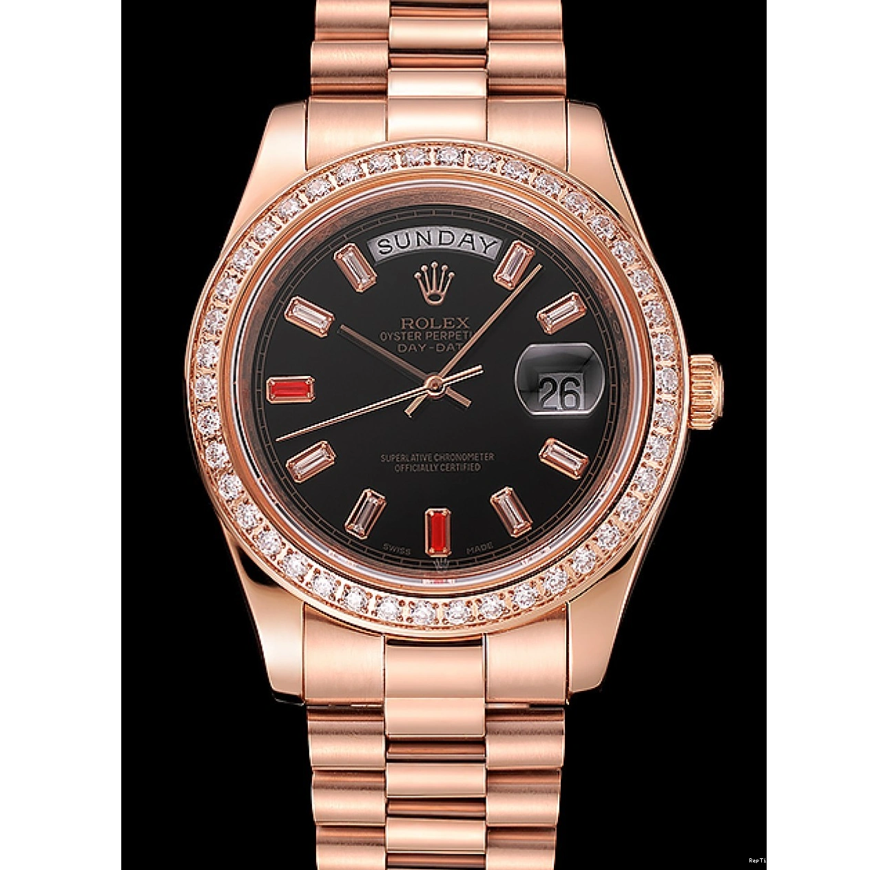 RepTime Watches 0211 Swiss Rolex Day-Date Diamonds And Rubies Black Dial Rose Gold Bracelet 1454102