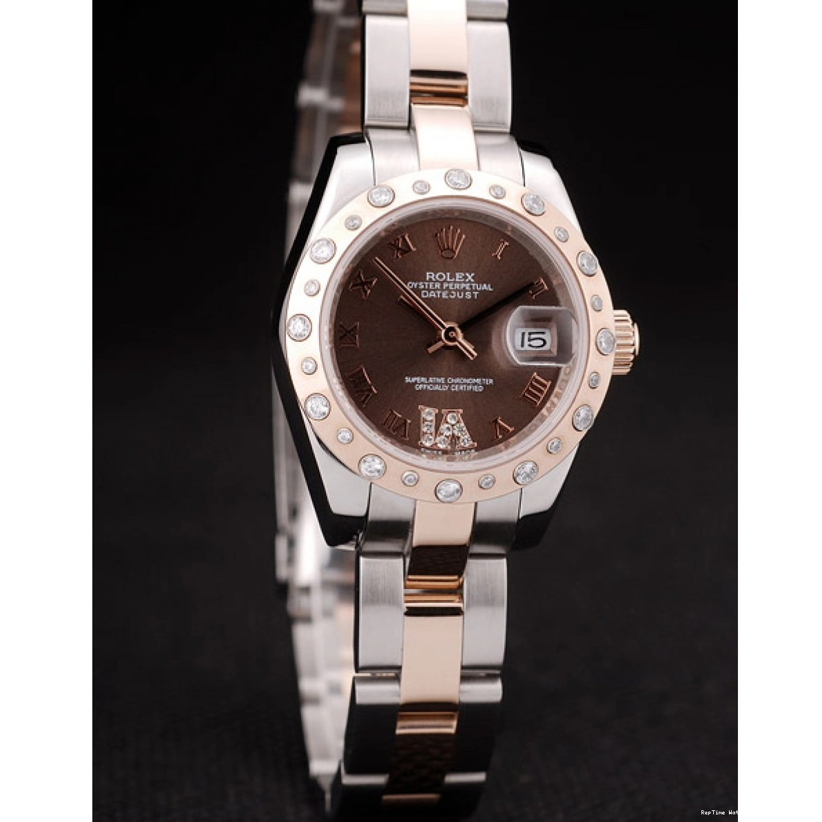 RepTime Watches 0215 Rolex DateJust Brushed Stainless Steel Case Brown Dial Diamond Plated