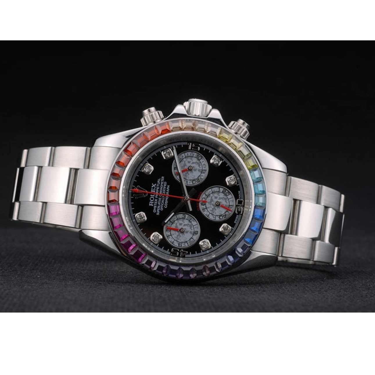 RepTime Watches 0224 Rolex Daytona Cosmograph Rainbow Crystals Bezel Stainless Steep Strap Black Dial 80250