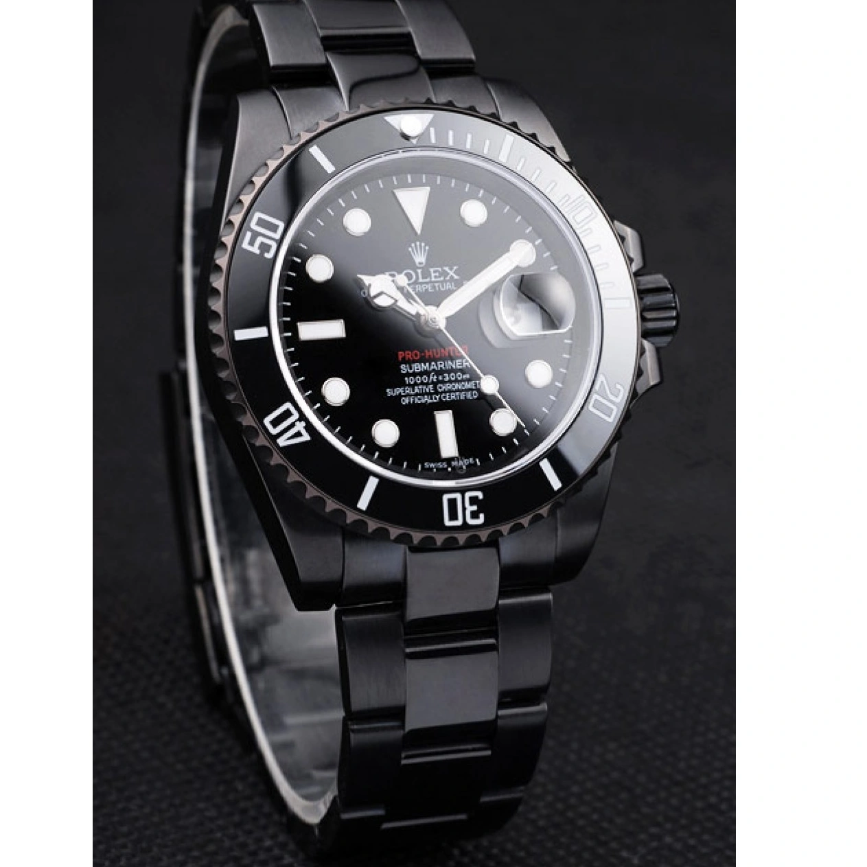 RepTime Watches 0211 Rolex Swiss Submariner Pro-Hunter Black Steel Strap Black Dial