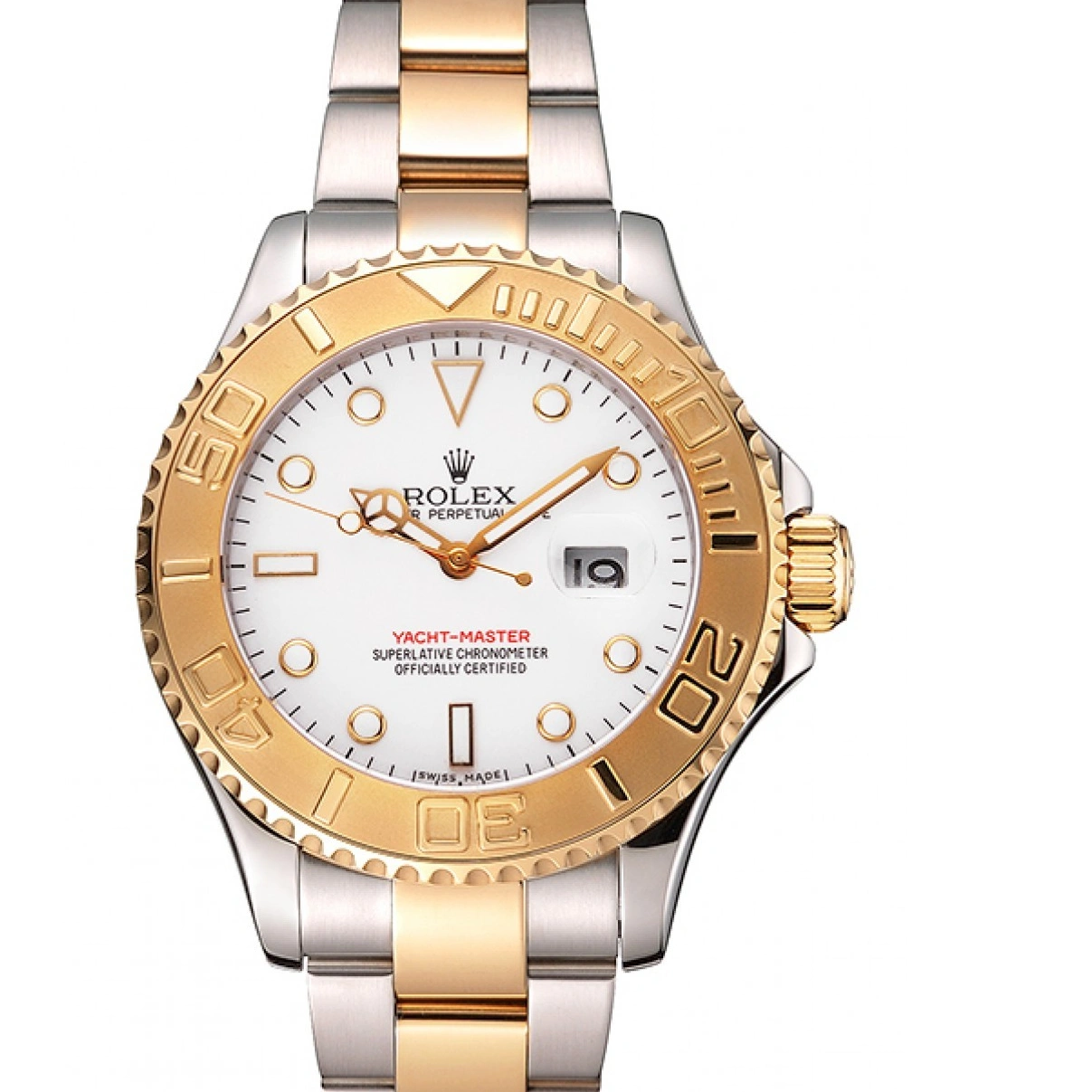 RepTime Watches 0227 Rolex Yacht-Master White Dial Gold Bezel Stainless Steel Case Two Tone Bracelet