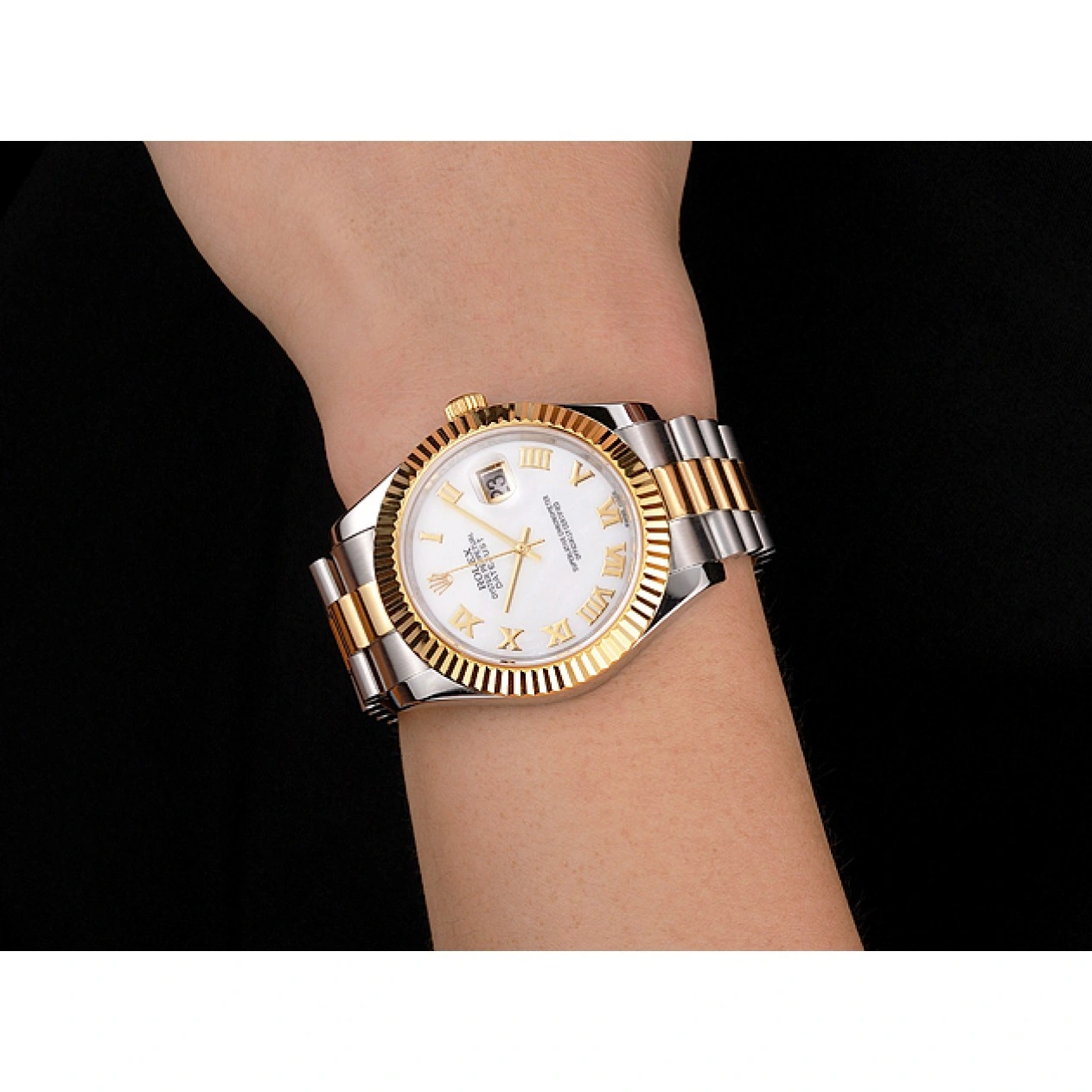 RepTime Watches 0219 Swiss Rolex Datejust White Dial Roman Numerals Gold Bezel Stainless Steel Case Two Tone Bracelet