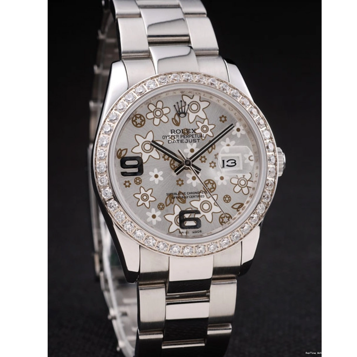 RepTime Watches 0227 Rolex Datejust Stainless Steel Silver Flowers Dial Diamond Plated rl305