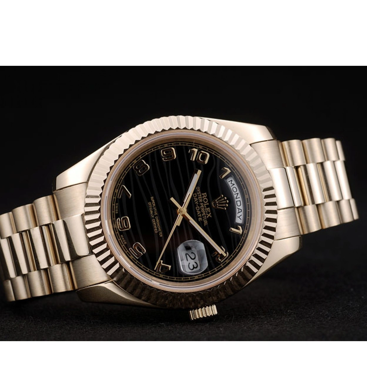 RepTime Watches 0212 Rolex DayDate Black Patterned Dial Gold Stainless Steel Strap 41980