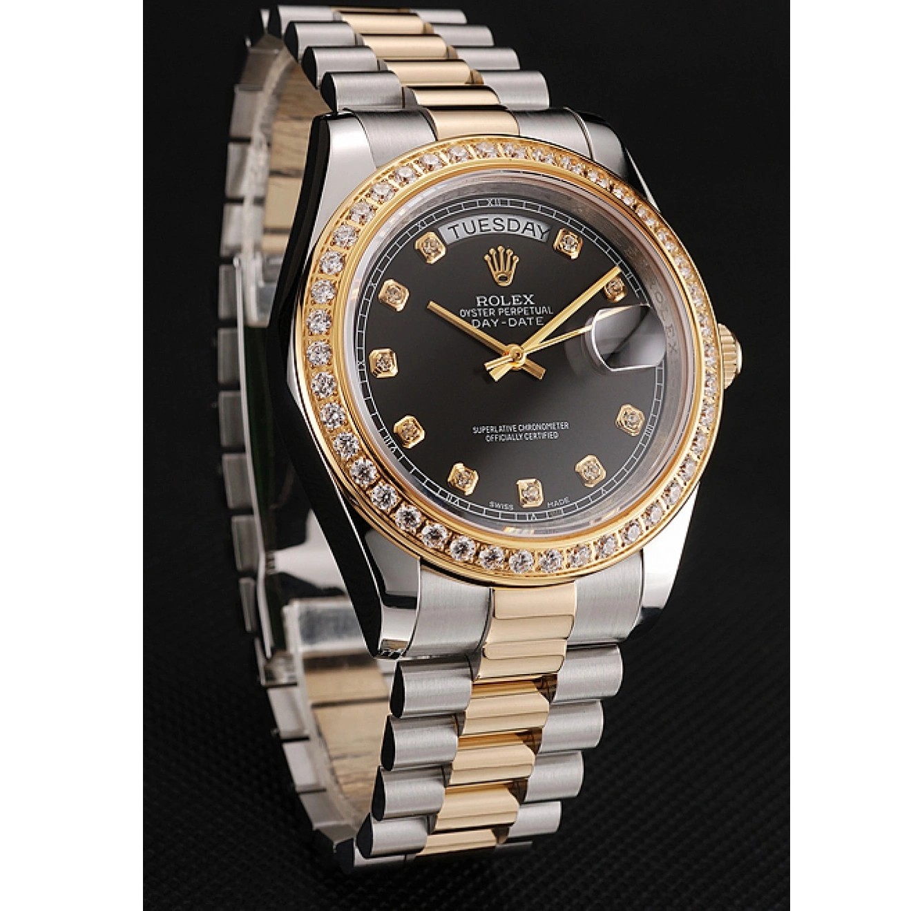 RepTime Watches 0215 Swiss Rolex Day-Date Black Dial Gold Diamond Case Two Tone Stainless Steel Bracelet 1453975