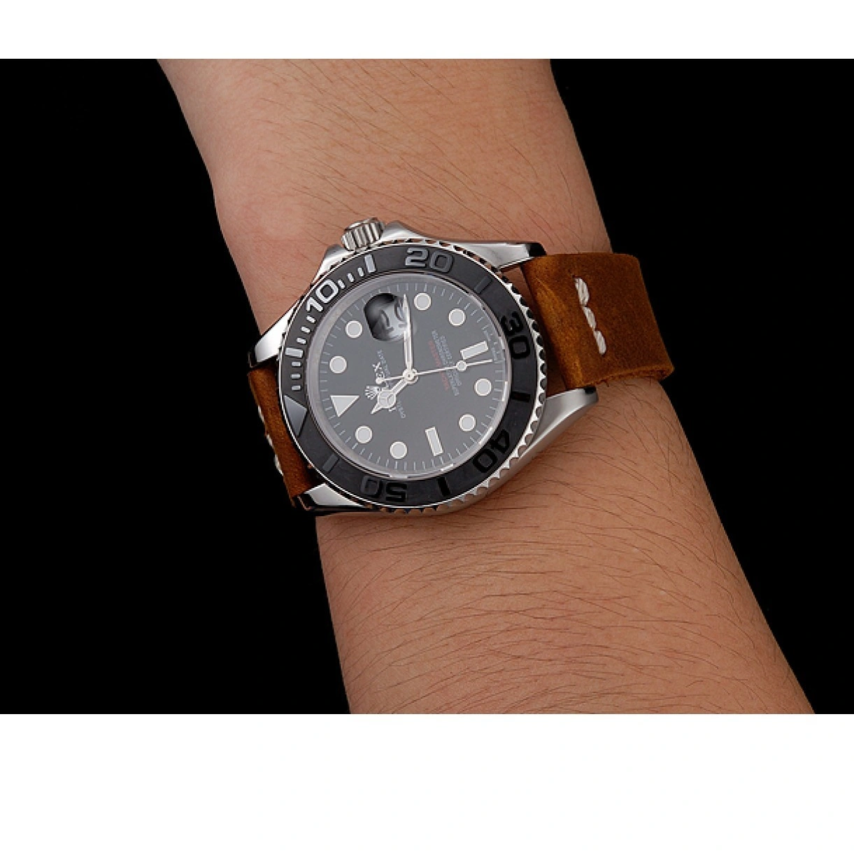 RepTime Watches 0210 Rolex Yacht Master Black Dial Silver Case Brown Leather Bracelet 1453859