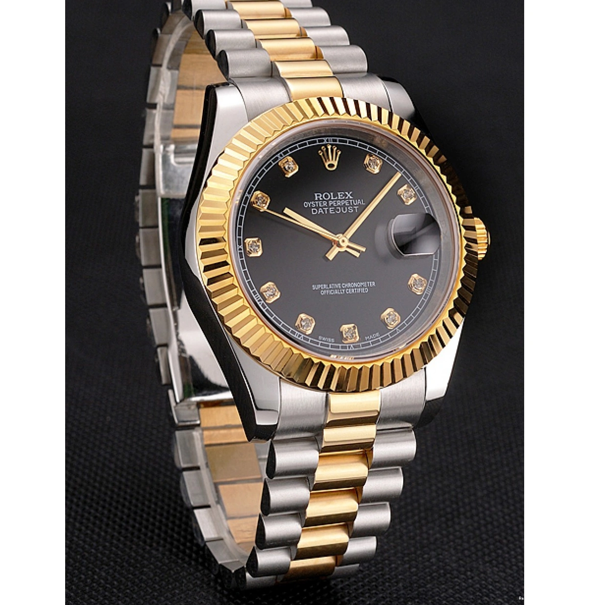 RepTime Watches 0217 Swiss Rolex Datejust Black Dial Stainless Steel Case Gold Bezel Two Tone Bracelet