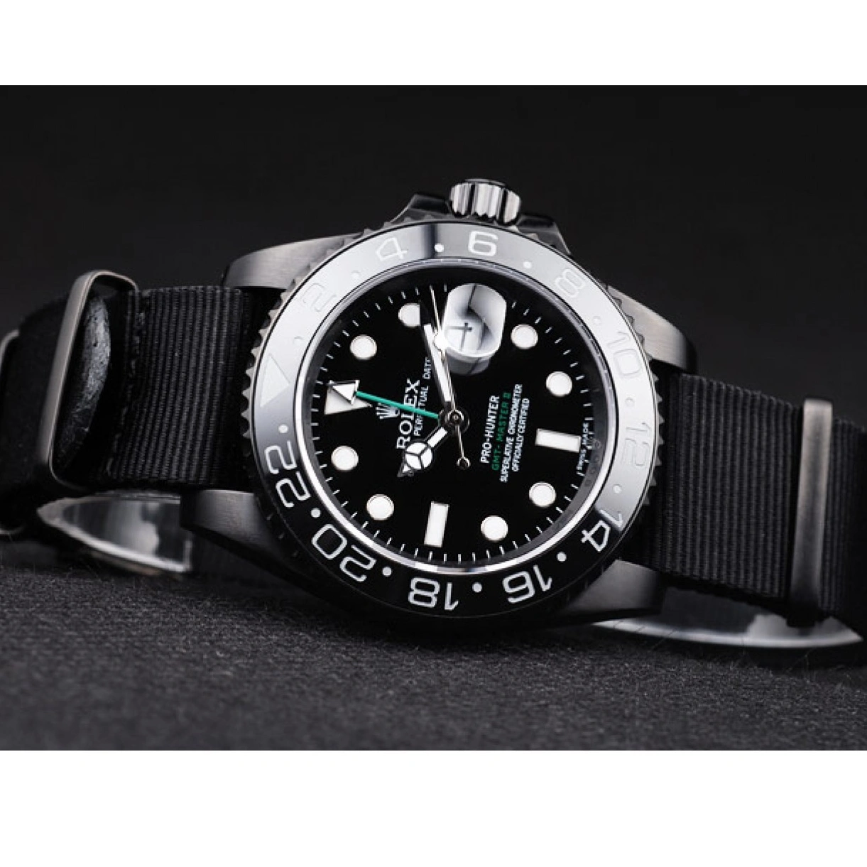 RepTime Watches 0209 Rolex Swiss GMT Master II Pro-Hunter Black Fabric Strap Black Dial