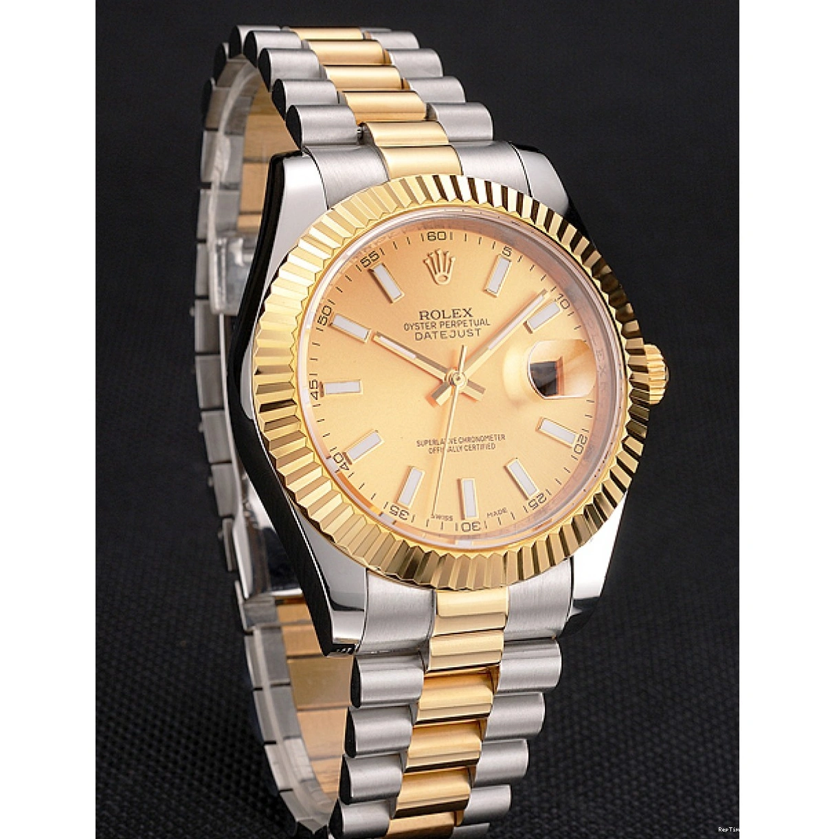 RepTime Watches 0226 Swiss Rolex Datejust Gold Dial Gold Bezel Stainless Steel Case Two Tone Bracelet