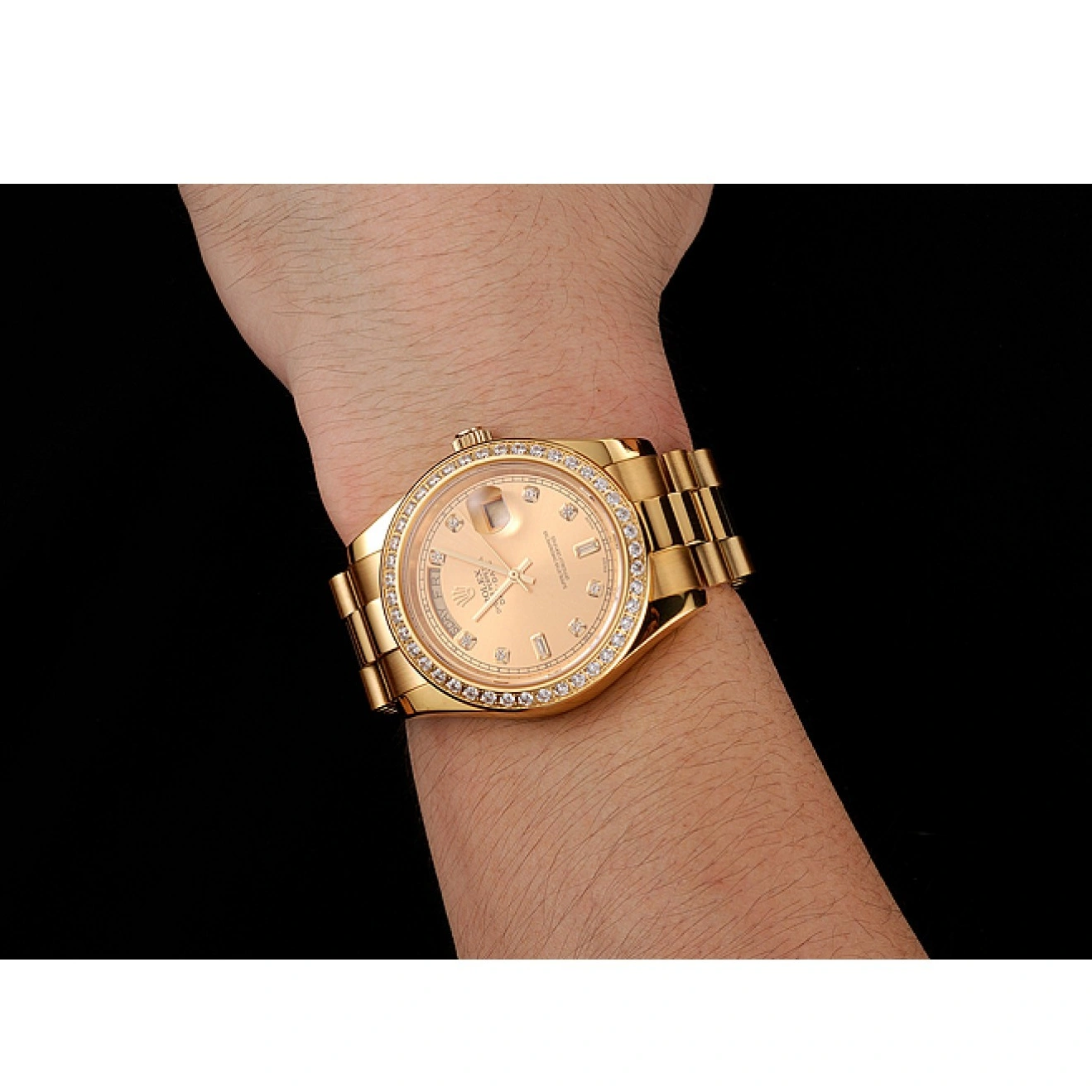 RepTime Watches 0219 Swiss Rolex Day-Date Champagne Dial Diamond Bezel Gold Bracelet 1454099