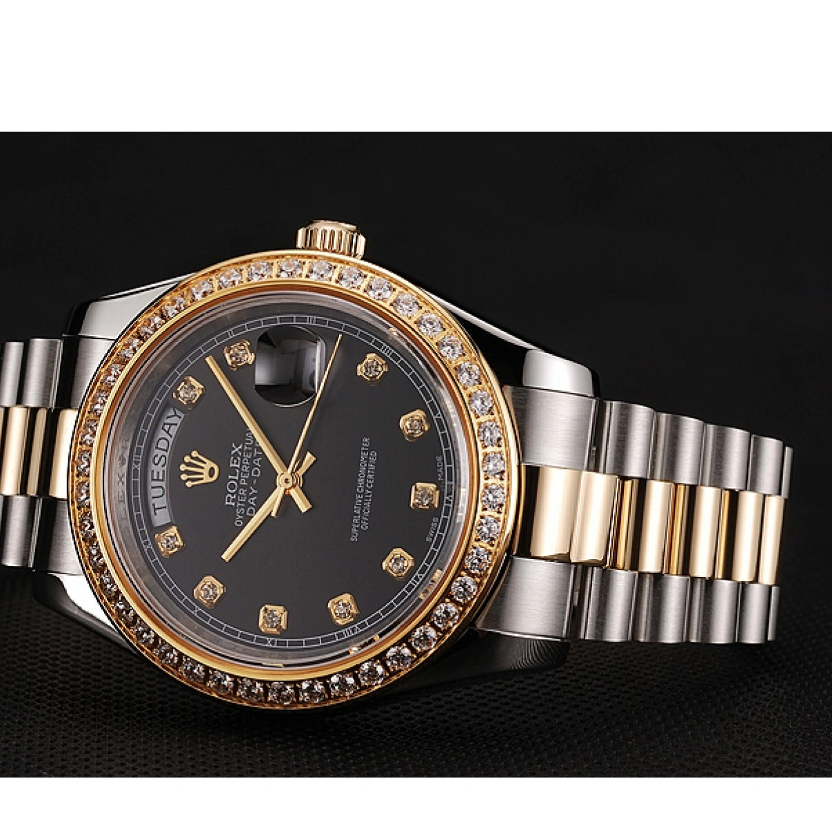 RepTime Watches 0215 Swiss Rolex Day-Date Black Dial Gold Diamond Case Two Tone Stainless Steel Bracelet 1453975