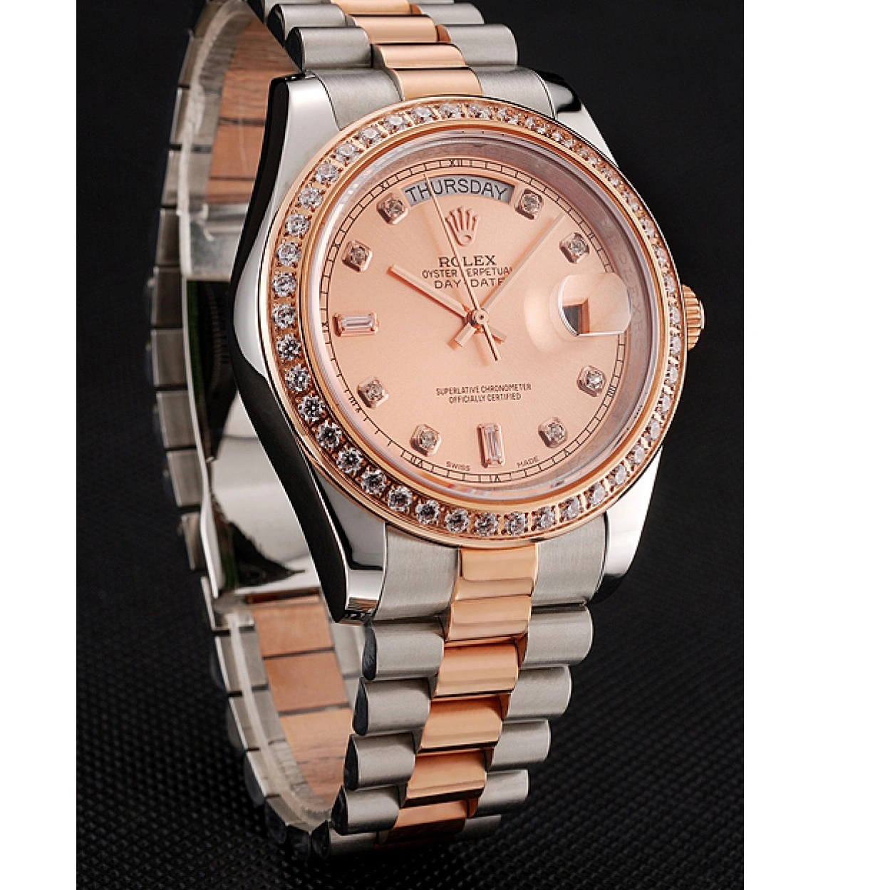 RepTime Watches 0212 Swiss Rolex Day-Date Diamonds Bezel Rose Gold And Staineless Steel Bracelet 1454107