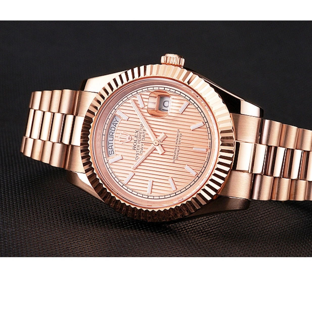 RepTime Watches 0221 Swiss Rolex Day Date 40 Rose Gold Etched Dial Rose Gold Case And Bracelet