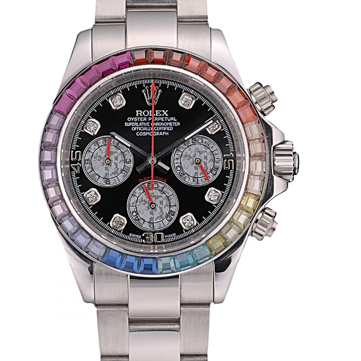 RepTime Watches 0224 Rolex Daytona Cosmograph Rainbow Crystals Bezel Stainless Steep Strap Black Dial 80250