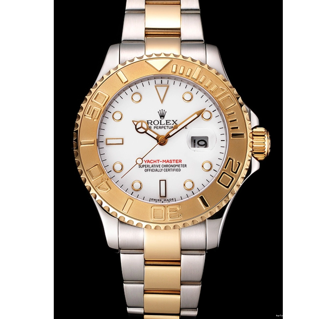 RepTime Watches 0227 Rolex Yacht-Master White Dial Gold Bezel Stainless Steel Case Two Tone Bracelet