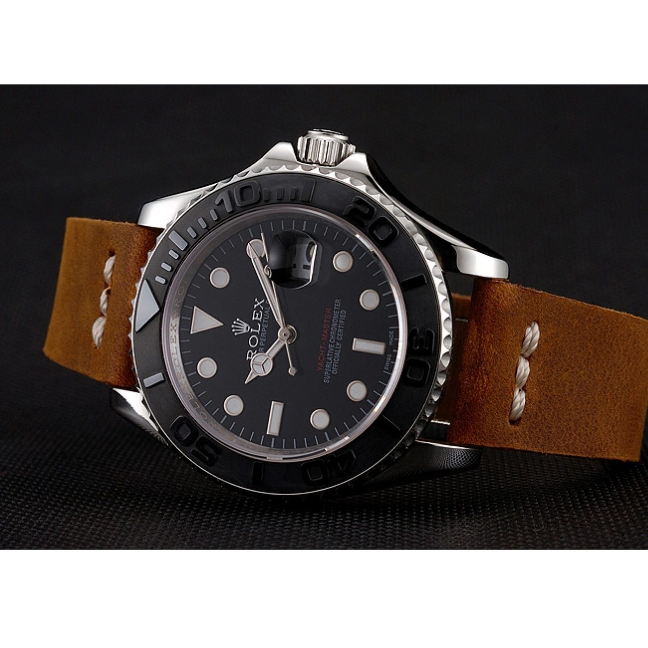 RepTime Watches 0210 Rolex Yacht Master Black Dial Silver Case Brown Leather Bracelet 1453859