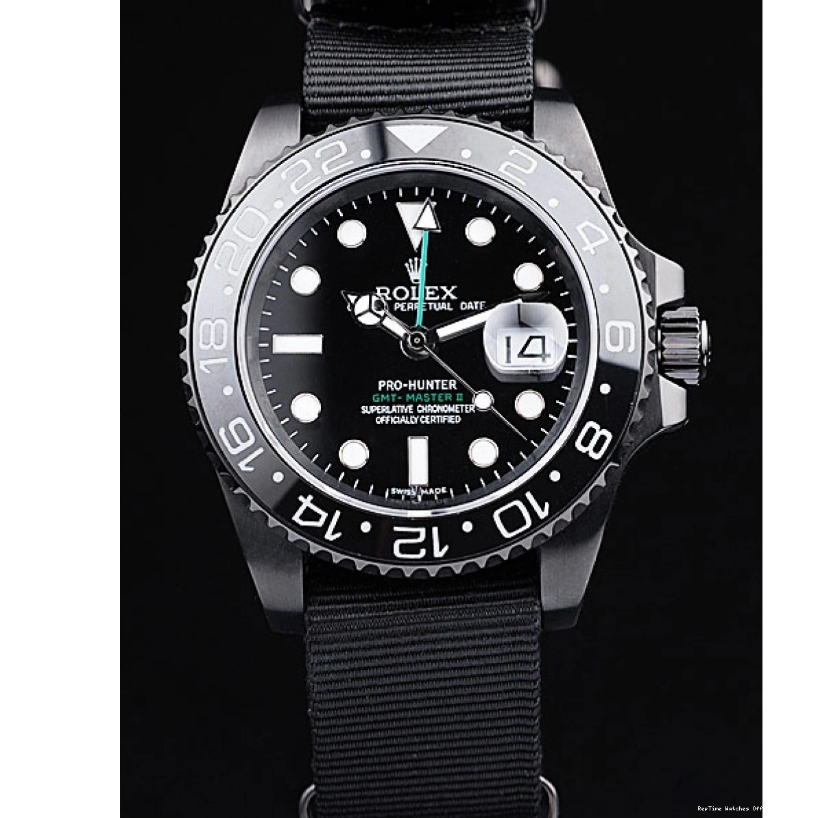 RepTime Watches 0209 Rolex Swiss GMT Master II Pro-Hunter Black Fabric Strap Black Dial