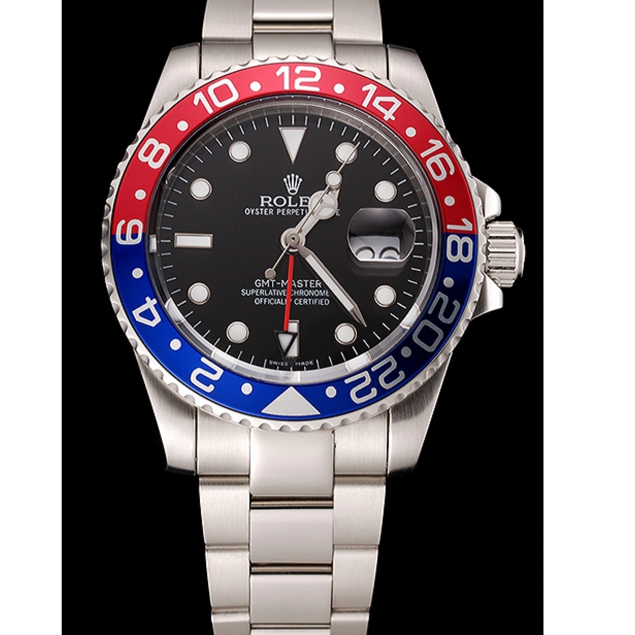 RepTime Watches 0220 Swiss Rolex GMT Master II Black Dial Pepsi Bezel Stainless Steel Case And Bracelet 1453751