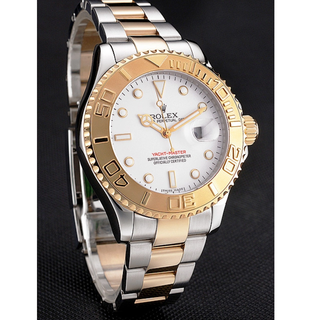 RepTime Watches 0227 Rolex Yacht-Master White Dial Gold Bezel Stainless Steel Case Two Tone Bracelet