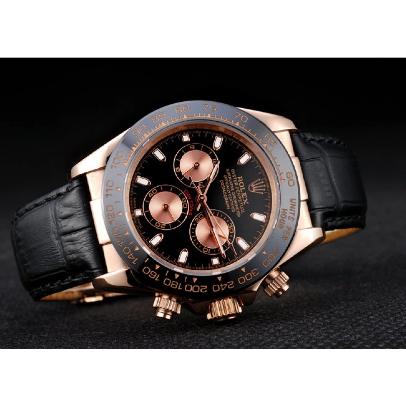 RepTime Watches 0219 Rolex Daytona Rose Gold Case Black Dial Black Leather Strap