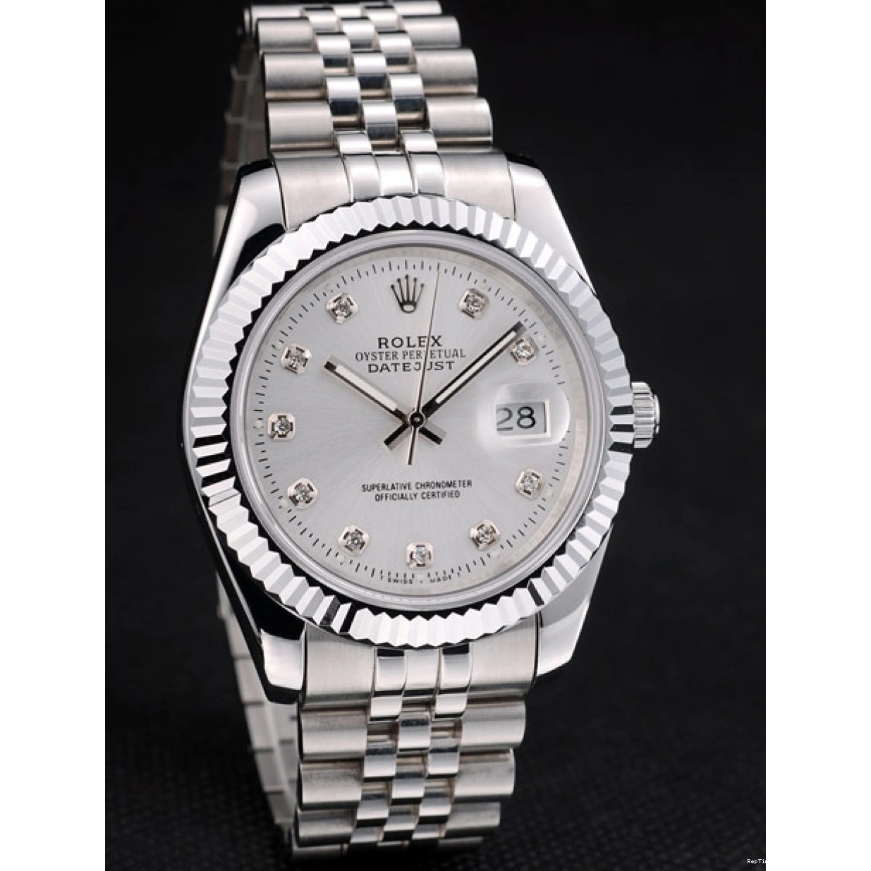 RepTime Watches 0224 Rolex DateJust Stainless Steel Ribbed Bezel Silver Dial 41977