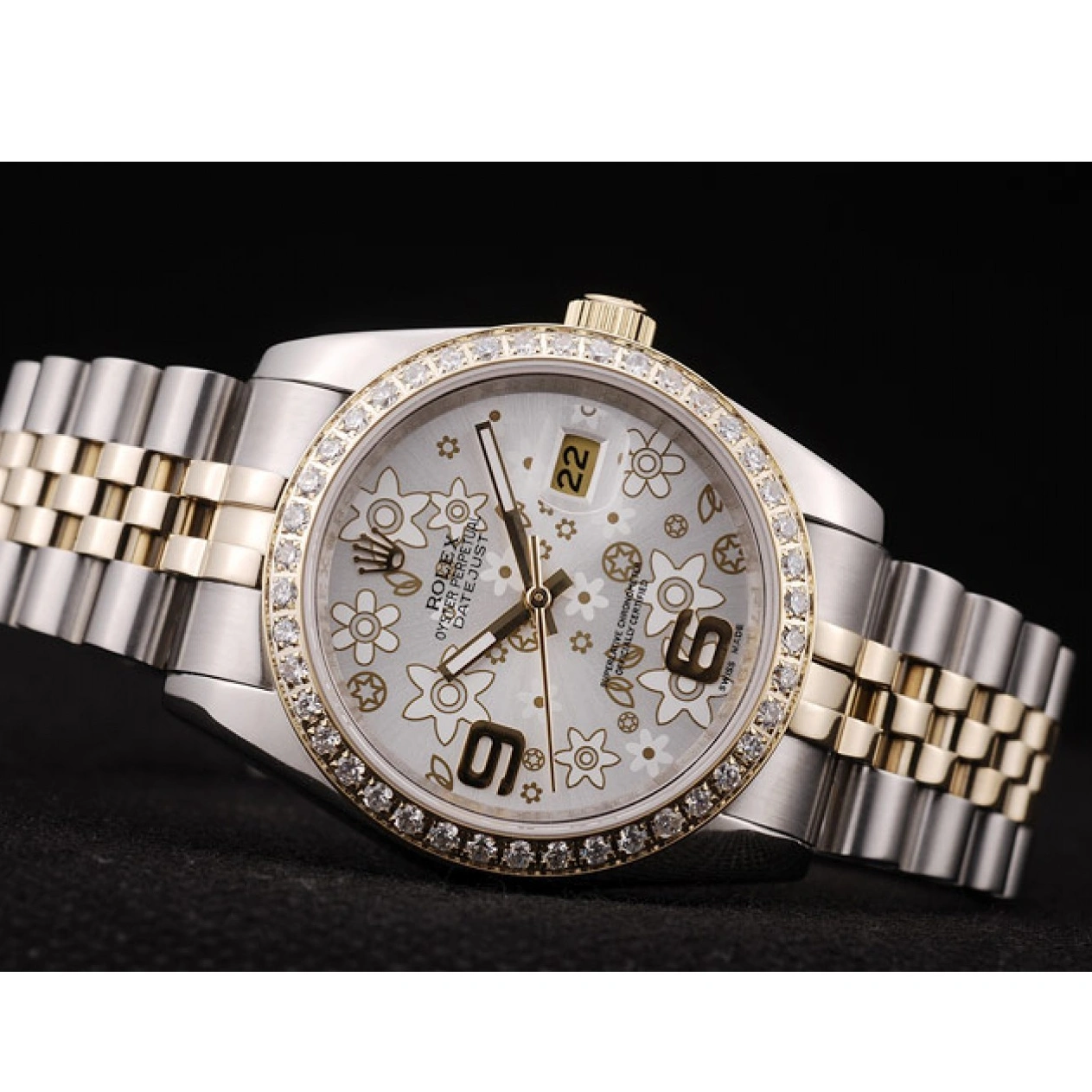 RepTime Watches 0308 Rolex DateJust Brushed Stainless Steel Case Silver Flowers Dial Diamonds Plated