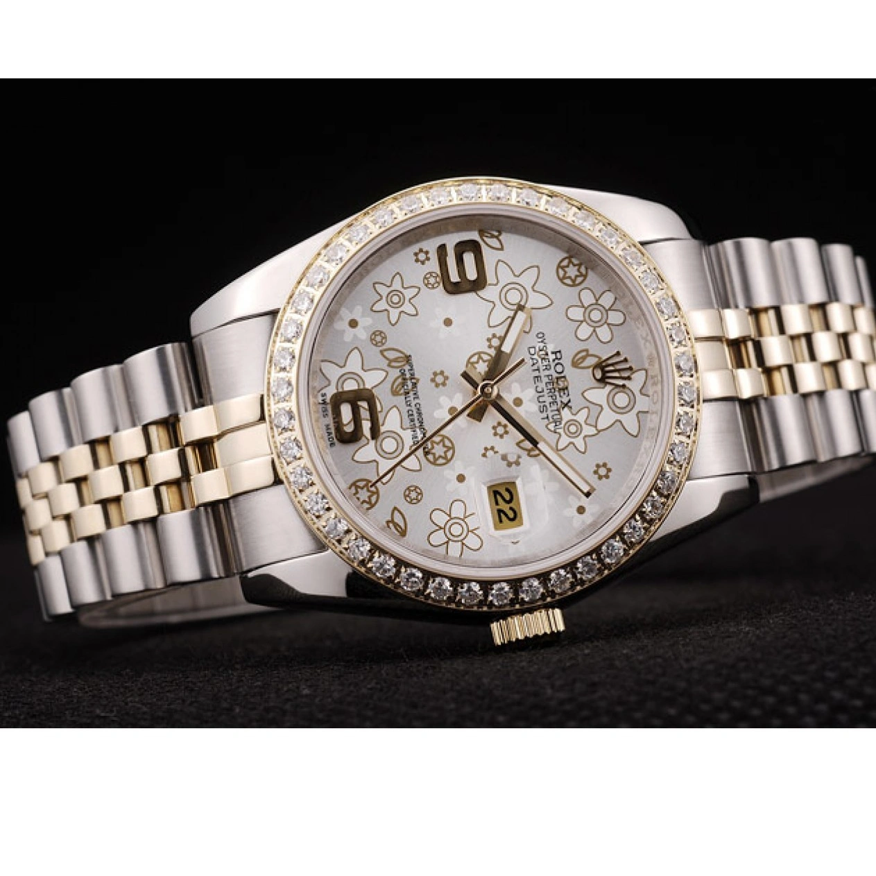 RepTime Watches 0308 Rolex DateJust Brushed Stainless Steel Case Silver Flowers Dial Diamonds Plated