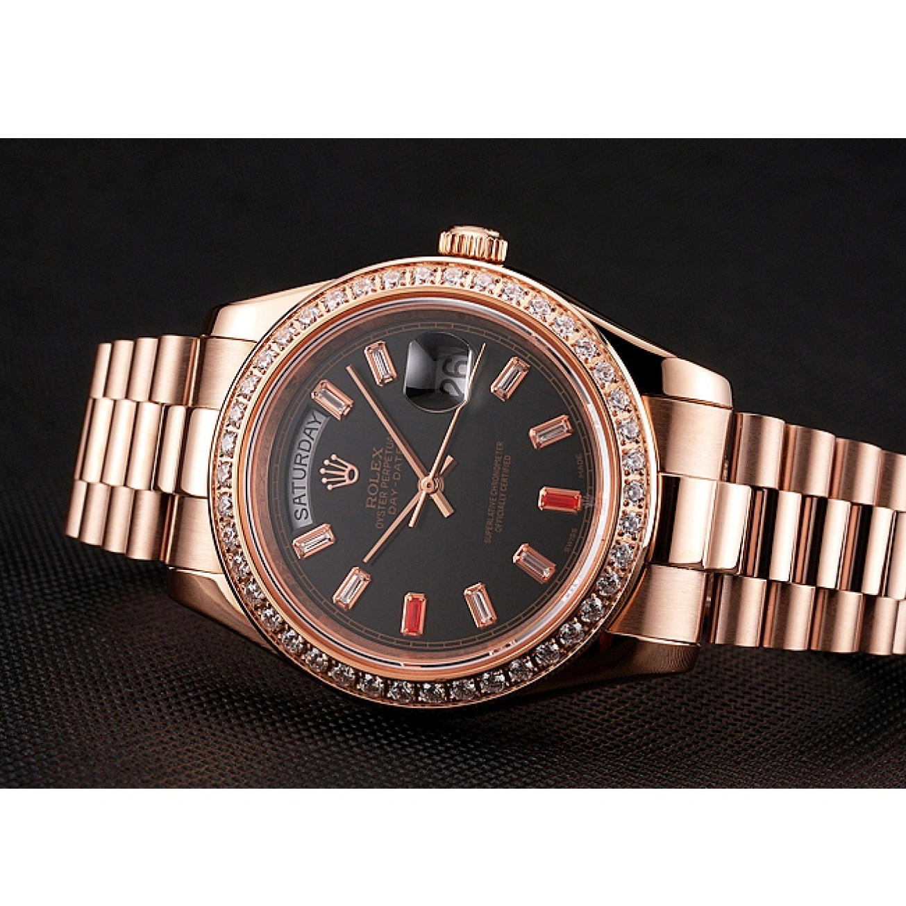 RepTime Watches 0301 Swiss Rolex Day-Date Diamonds And Rubies Black Dial Rose Gold Bracelet 1454102