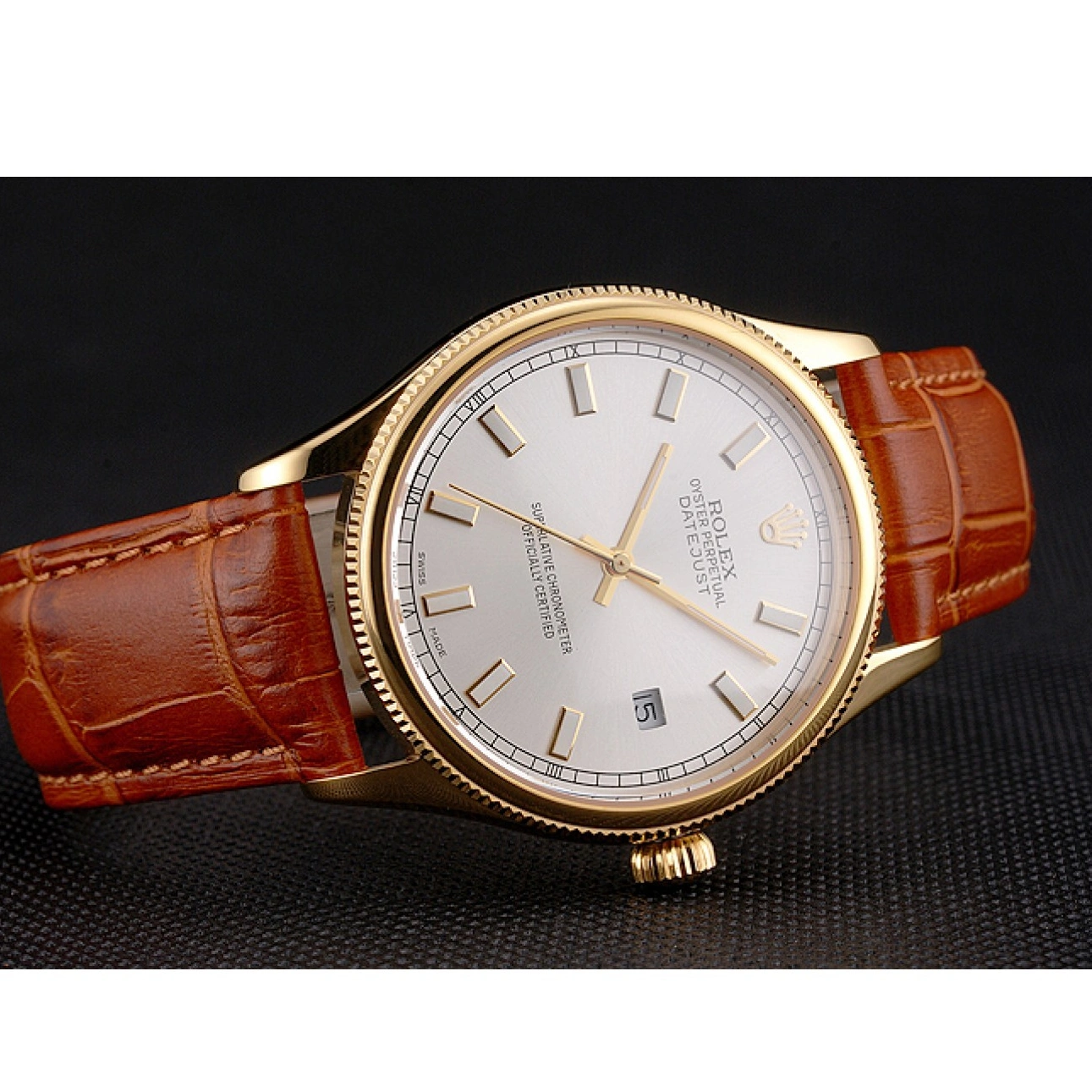 RepTime Watches 0307 Swiss Rolex Datejust White Dial Gold Case Light Brown Leather Strap