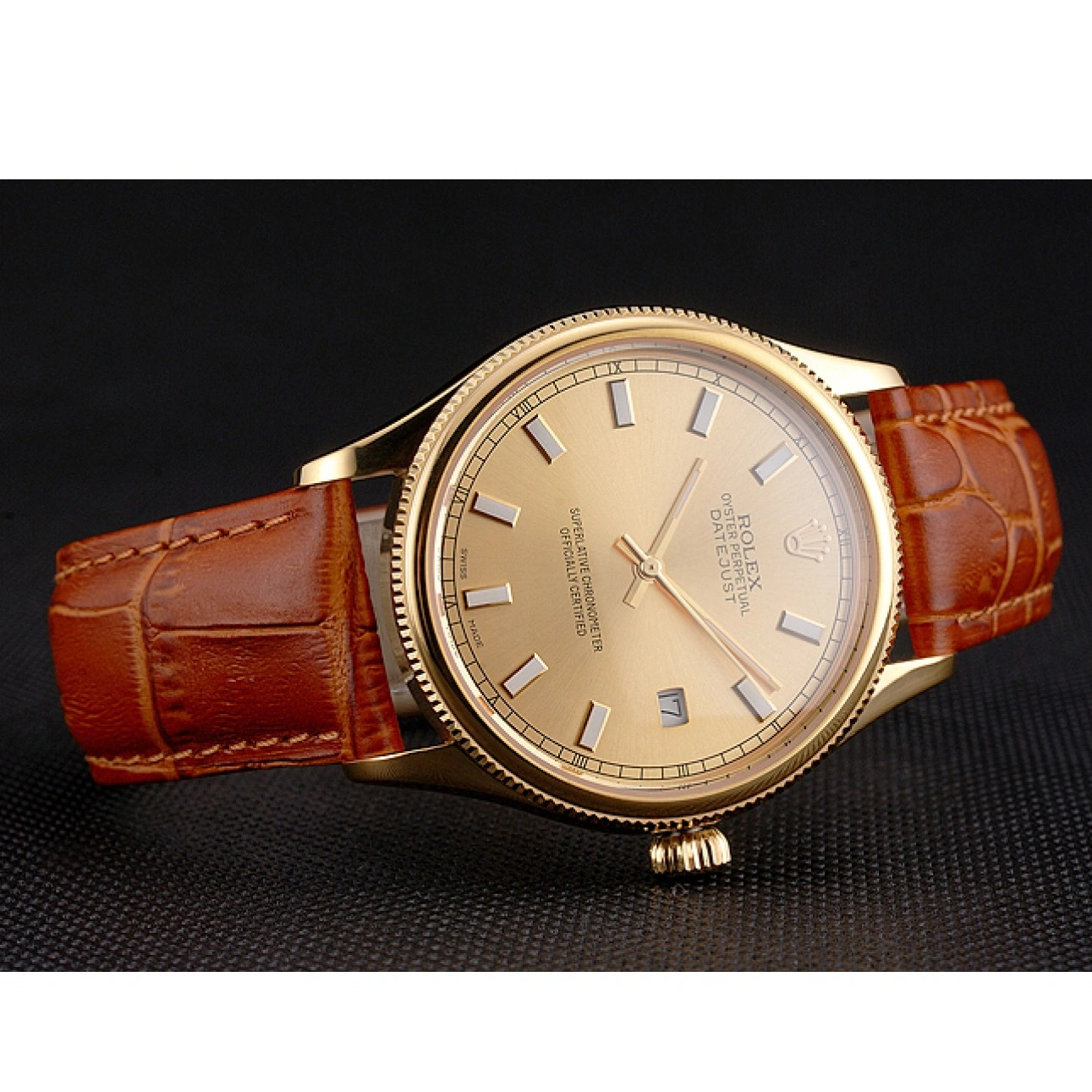 RepTime Watches 0302 Swiss Rolex Datejust Gold Dial Gold Case Light Brown Leather Strap