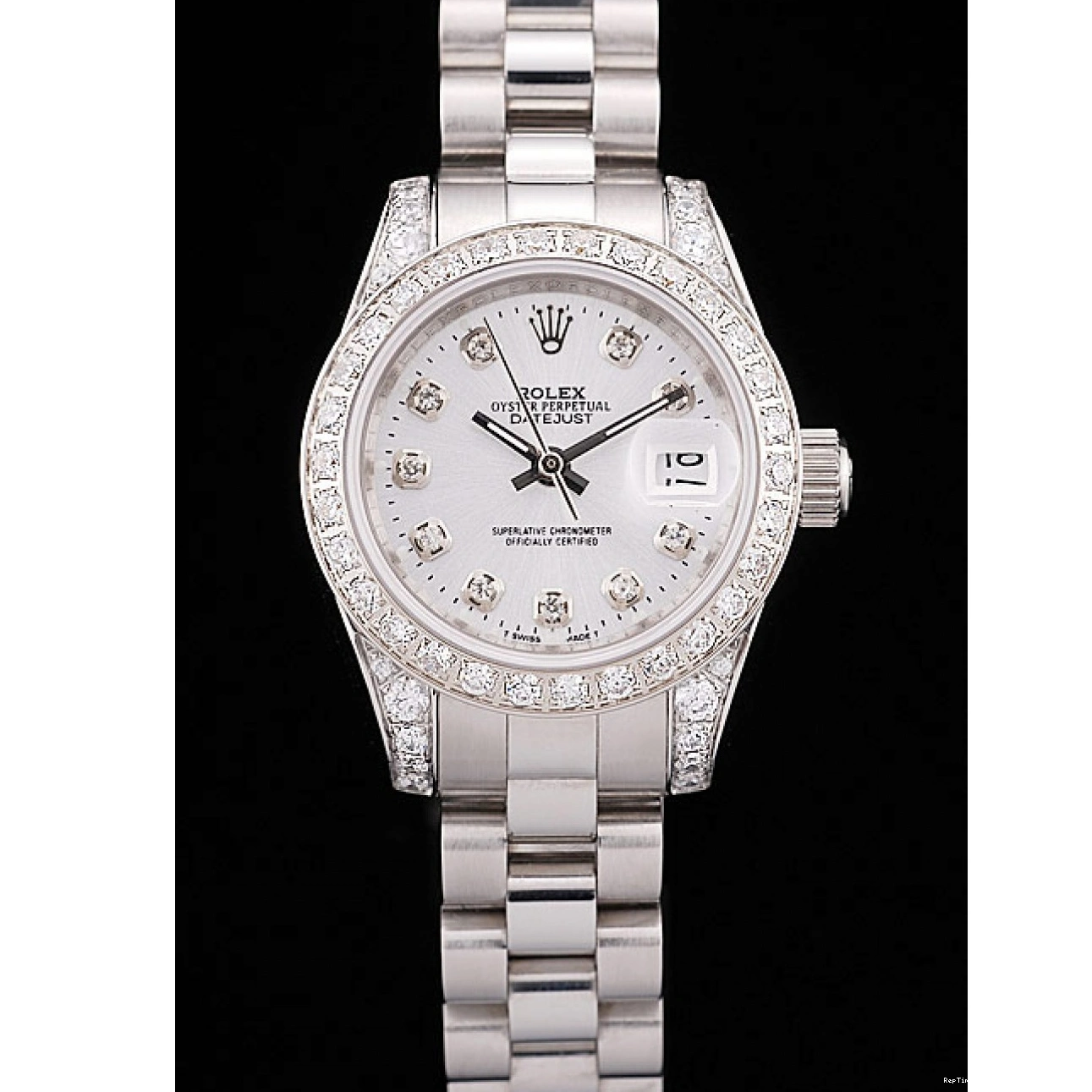 0313 Rolex DateJust Brushed Stainless Steel Diamond Plated Case White Dial Diamond Plated Bezel