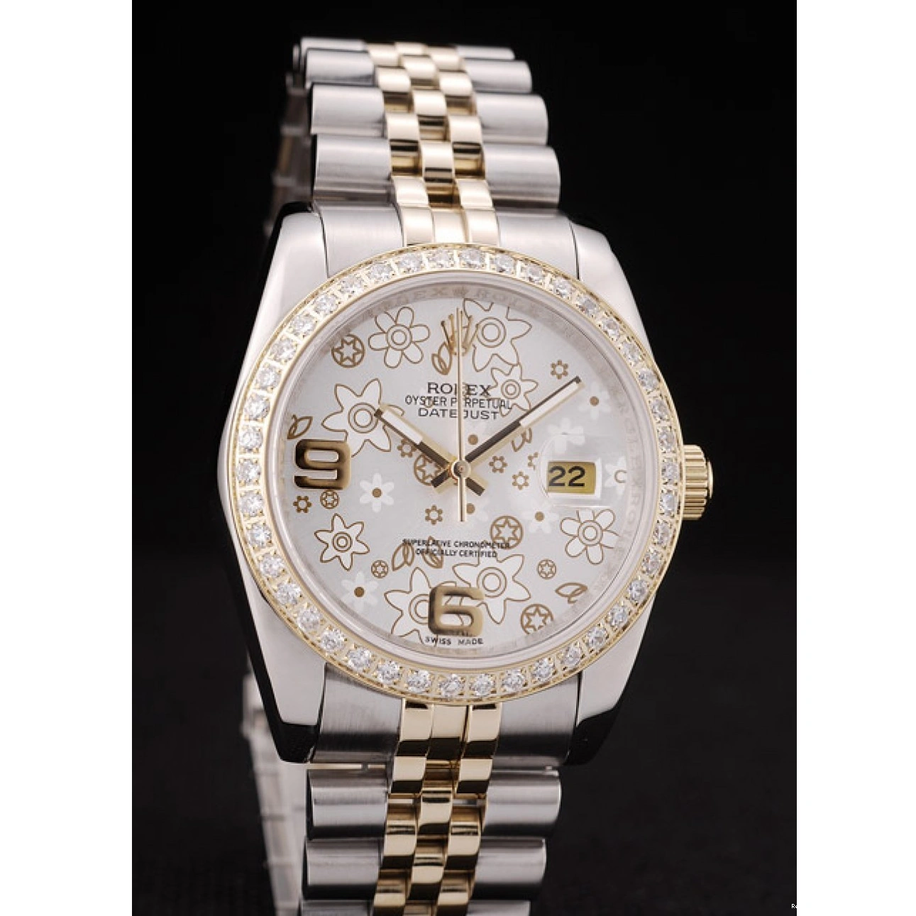 RepTime Watches 0308 Rolex DateJust Brushed Stainless Steel Case Silver Flowers Dial Diamonds Plated