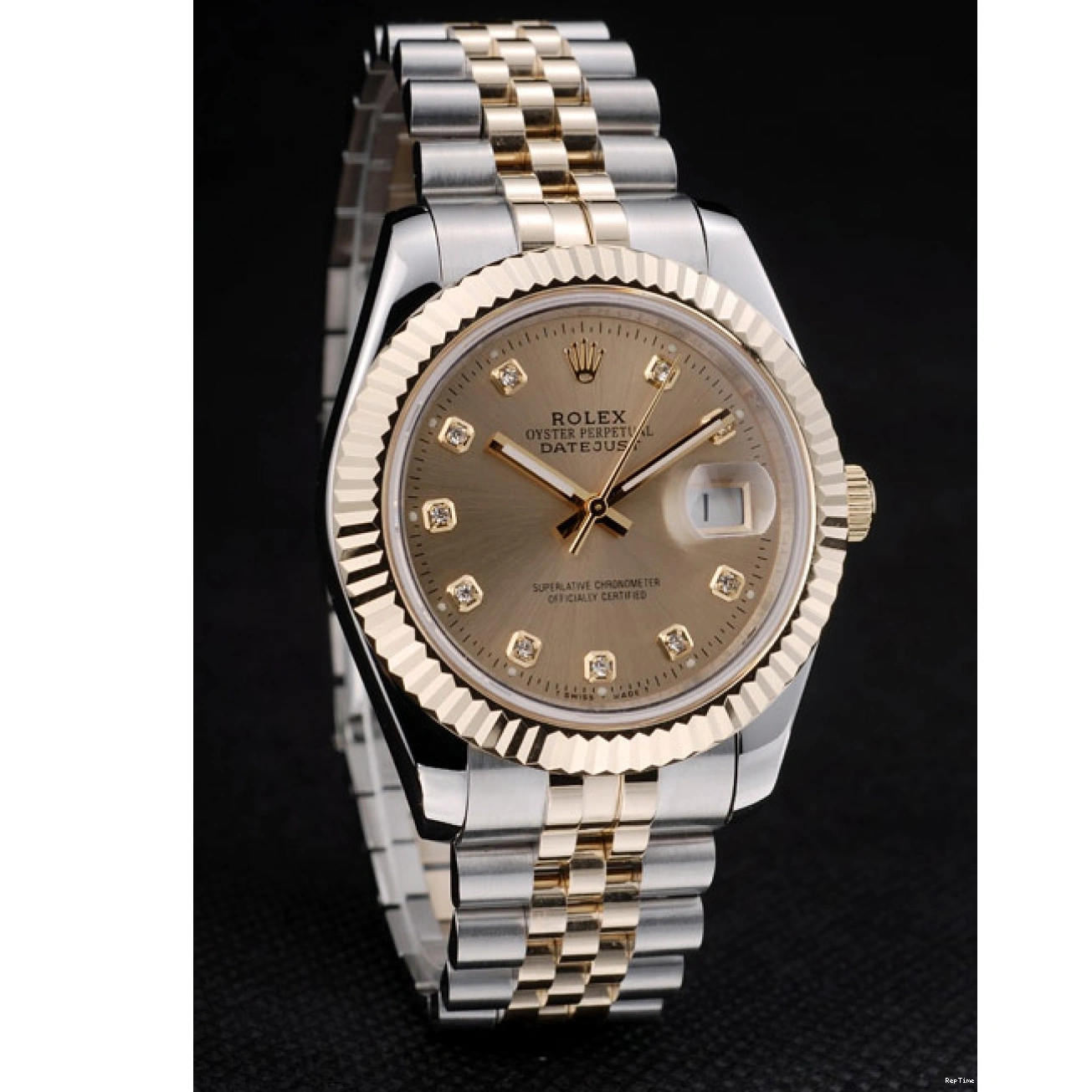 RepTime Watches 0311 Rolex DateJust Gold Stainless Steel Ribbed Bezel Goldish Dial 41978