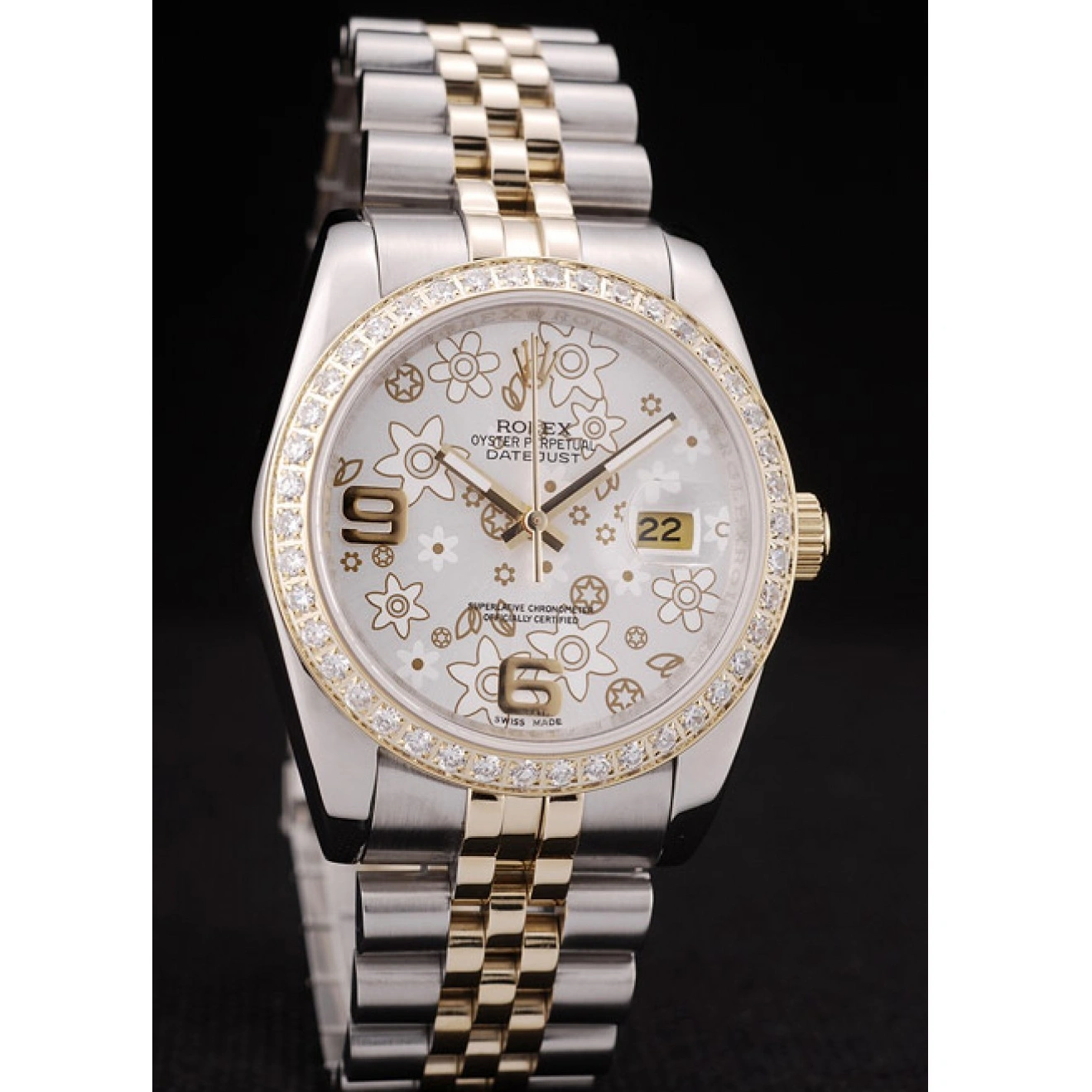 RepTime Watches 0309 Rolex DateJust Brushed Stainless Steel Case Silver Flowers Dial Diamonds Plated