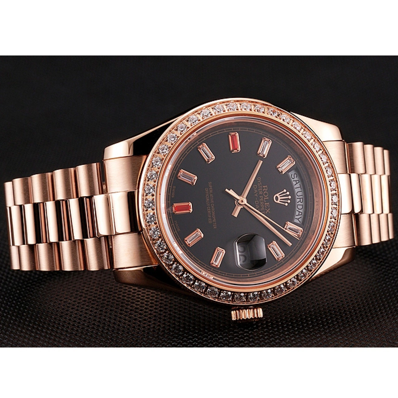 RepTime Watches 0301 Swiss Rolex Day-Date Diamonds And Rubies Black Dial Rose Gold Bracelet 1454102