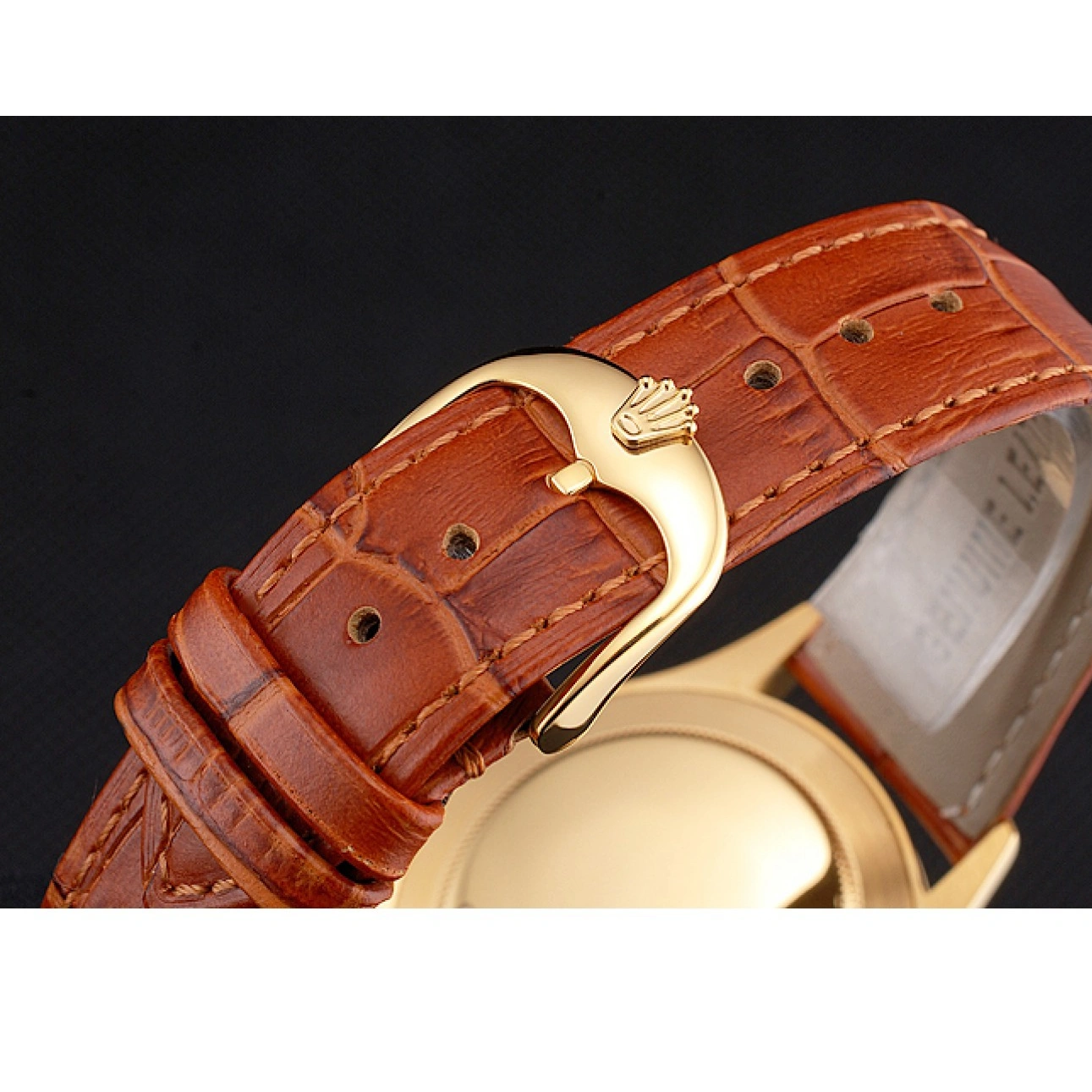 RepTime Watches 0302 Swiss Rolex Datejust Gold Dial Gold Case Light Brown Leather Strap