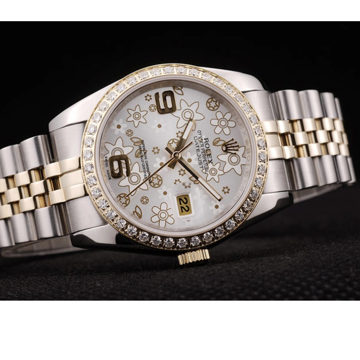 RepTime Watches 0309 Rolex DateJust Brushed Stainless Steel Case Silver Flowers Dial Diamonds Plated