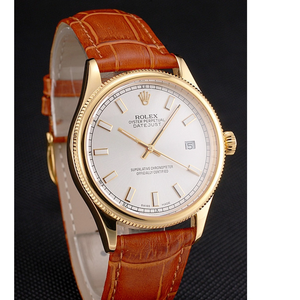 RepTime Watches 0307 Swiss Rolex Datejust White Dial Gold Case Light Brown Leather Strap