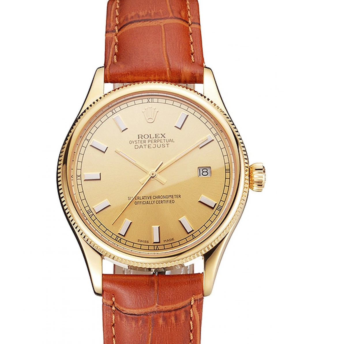 RepTime Watches 0302 Swiss Rolex Datejust Gold Dial Gold Case Light Brown Leather Strap