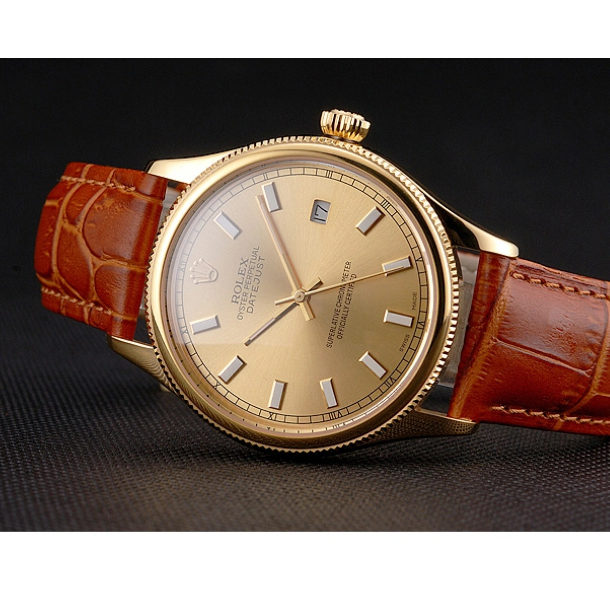 RepTime Watches 0302 Swiss Rolex Datejust Gold Dial Gold Case Light Brown Leather Strap