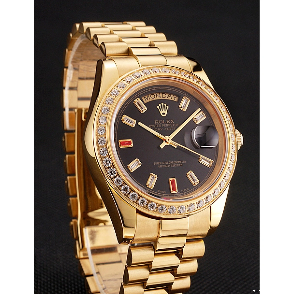 RepTime Watches 0307 Swiss Rolex Day-Date Diamonds And Rubies Black Dial Gold Bracelet 1454101