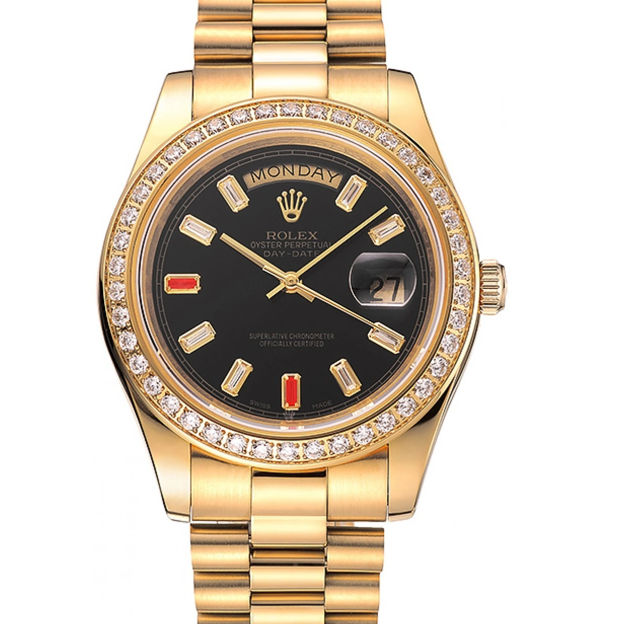 0307 Swiss Rolex Day-Date Diamonds And Rubies Black Dial Gold Bracelet 1454101