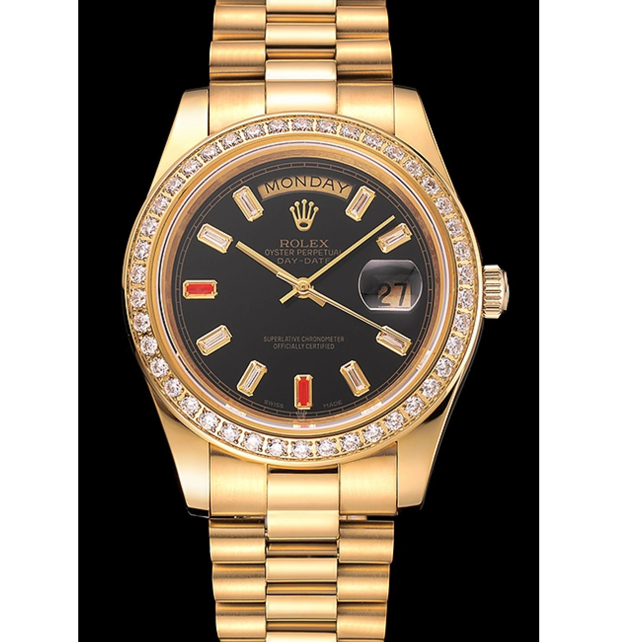 RepTime Watches 0307 Swiss Rolex Day-Date Diamonds And Rubies Black Dial Gold Bracelet 1454101