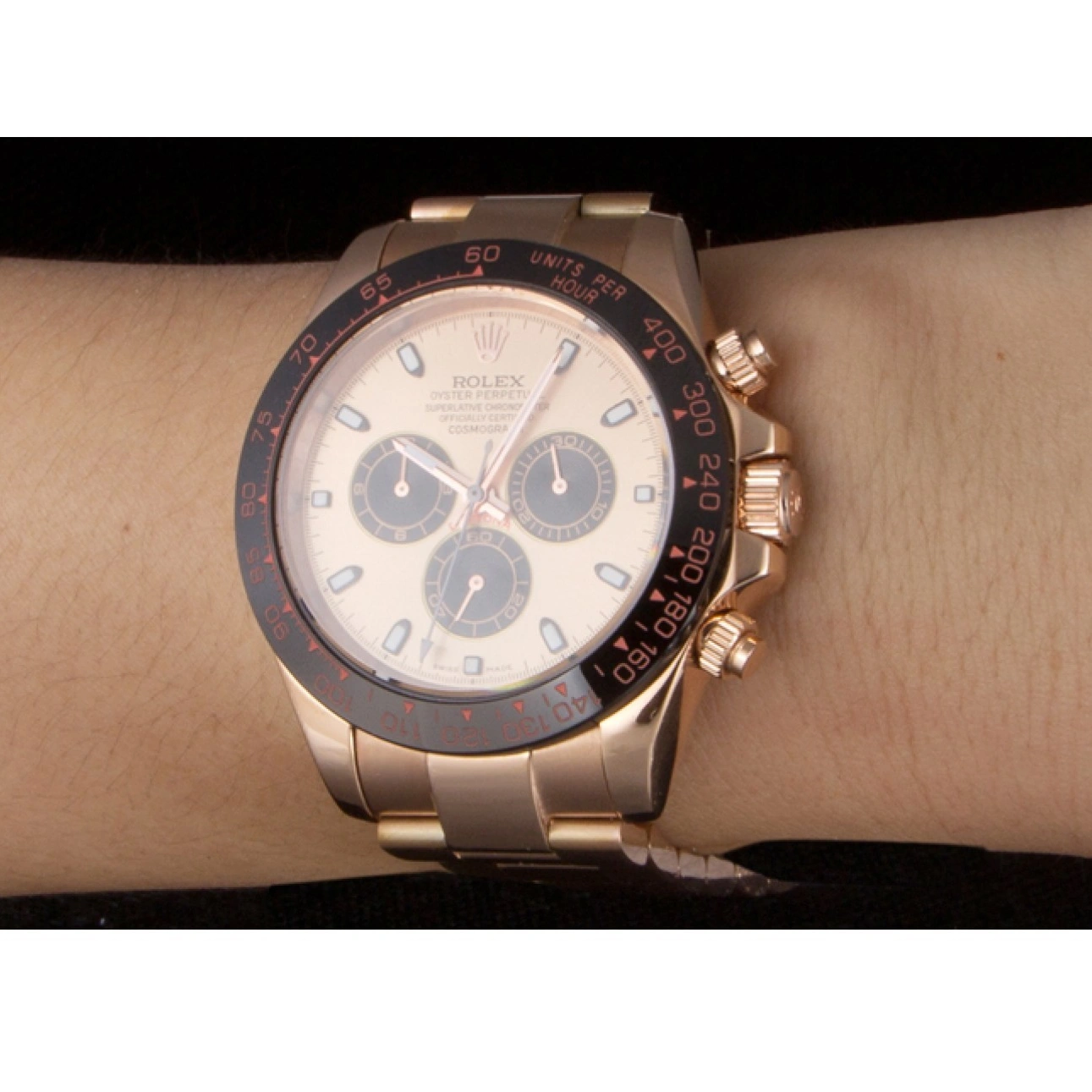 RepTime Watches 0318 Rolex Daytona Ion Plated Tachymeter Rose Gold Strap Rose Gold Dial 80244