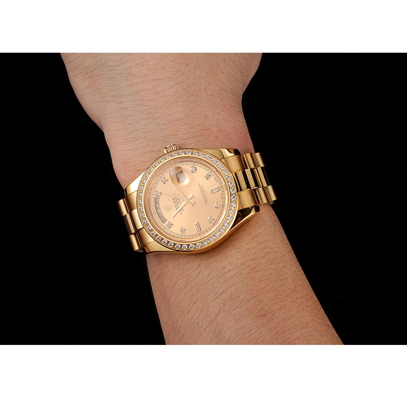 RepTime Watches 0307 Swiss Rolex Day-Date Champagne Dial Diamond Bezel Gold Bracelet 1454099