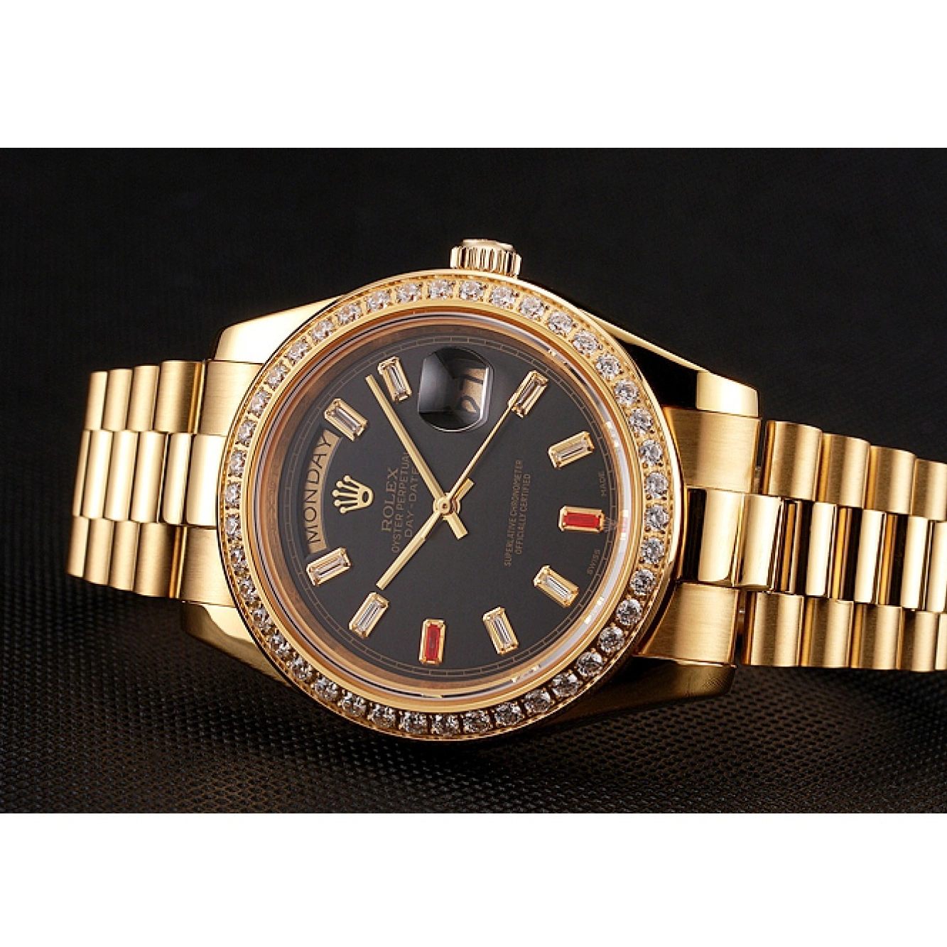 RepTime Watches 0307 Swiss Rolex Day-Date Diamonds And Rubies Black Dial Gold Bracelet 1454101